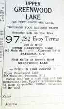 This advertisement in the<i> Upper Greenwood Lake News </i>of 1935 brought vacation home owners to Upper Greenwood Lake. Small lots that sold for $97.50 each created problems later.
