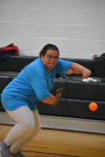 Maria Menna returns the ball in the “Battle of the Paddle” pickleball tournament June 24, 2023, in West Milford. (File photo by Rich Adamonis)