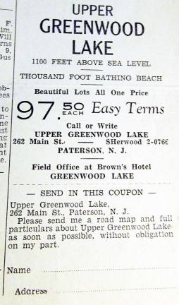 This advertisement in the<i> Upper Greenwood Lake News </i>of 1935 brought vacation home owners to Upper Greenwood Lake. Small lots that sold for $97.50 each created problems later.