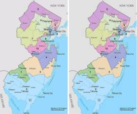Left: New Jersey's congressional districts since 2013. Right: New Jersey's congressional districts from 2023