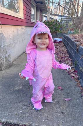 Photos: Ready for trick-or-treating Evelyn VanDunk, a ferocious dinosaur. (Photo courtesy of Alyssa Hudak)