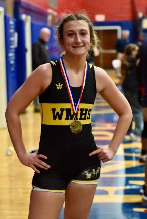 Girls on the field, ice, mat West Milford High School wrestler Maddie Hammett took first place at last year’s Lenape Valley jamboree. (Photo by Lauren Hammett)