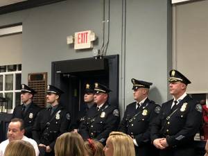 Several West Milford police officers were promoted during the Township Council meeting Wednesday, Jan. 3. (Photo by Kathy Shwiff)