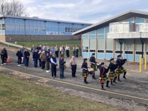 The West Milford High School Highlander Band Pipes &amp; Drums lead a parade of veterans at Macopin Middle School. (Photos provided)