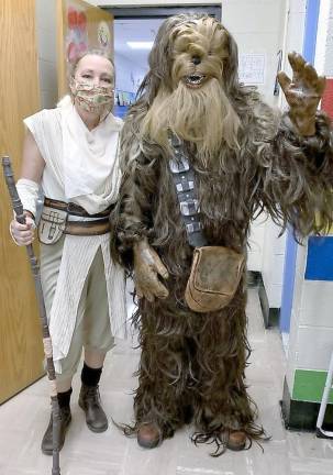 Look who just dropped in from Hyperspace: Rey (Skywalker - aka UGL secretary Dianna Haggett) and Chewbacca (aka UGL head custodian Lenny Guarducci). Photos provided by Upper Greenwood Lake Elementary School Principal Greg Matlosz.