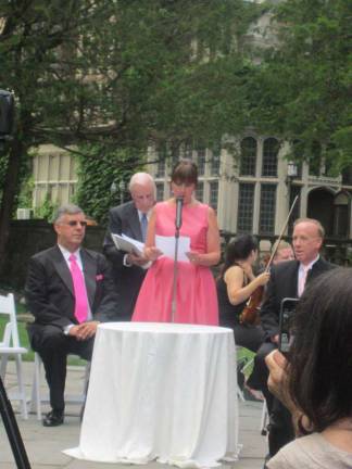 Passaic County Republican Chairman John Traier marries longtime partner Passaic County Regular Republican Organization Chairman John Traier, seated left, married his longtime partner Mark Peterson, right, on July 4 at Skylands Manor in Ringwood. Giving the reading is Kim Renta, a friend of the couple. In the background is former Paterson Mayor Lawrence “Pat” Kramer.