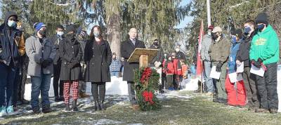 Rep. Josh Gottheimer (NJ-5) delivered remarks Saturday, Dec. 19, at the National Remembrance Ceremony for Wreaths Across America at Glenwood Cemetery. Provided photo.