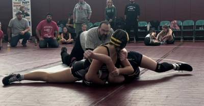 GW1 Taylor Keegan of the Highlanders wrestling team competes in the Mayhem at Merriam tournament in Newton on Saturday, Feb. 3. (Photos provided)