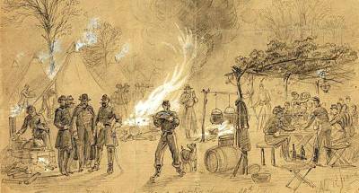Civil War artist Alfred R. Waud sketched this Thanksgiving scene at a Civil War camp. Library of Congress image