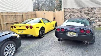 The yellow and black corvettes owned by a Hewitt father and son that police say were involved in a February crash in the Lincoln Tunnel.