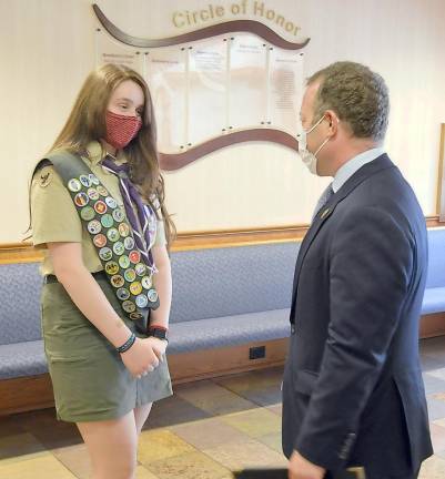 U.S. Rep. Josh Gottheimer presents Eagle Scout Sarah Renee Bakal with a Congressional Certificate of Recognition. Bakel is one of the first female Eagle Scouts in New Jersey and the nation. Provided photo.