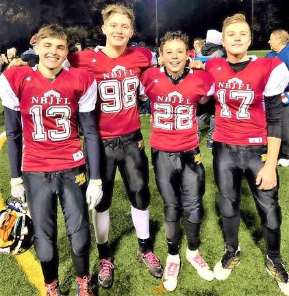 Eighth Grade NBJFL All Stars (from left to right) Jake Schwarzlow, Justin Platt, Danny Platt, and Parker Rutowski.