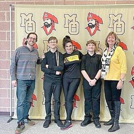 Macopin students play in honors band From left are Macopin Middle School band director Matthew Paccione, Philip Stinziano, band director Erica McPartland, Donald Stinziano and Principal Mary Reinhold. (Photo provided)
