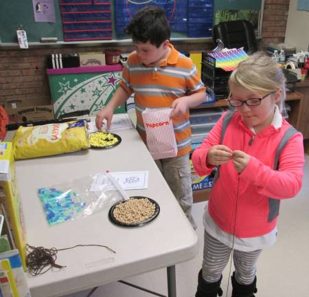 Celebrating the 100th day of school at Ringwood Christian Addie was stringing Cheerios by groups of 10 and Josh was counting popcorn, all as part of the learning celebration of the 100th day of school.