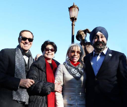 Pictured from left to right at the unveiling of the Sinatra statute in Hoboken, N.J., are the actor Joe Piscopo, Tina Sinatra, Carolyn Palmer and Hoboken Mayor Ravi Bhalla.