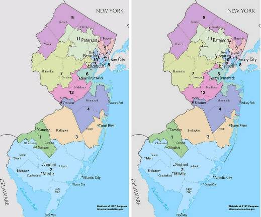 NJ selects new congressional district map drawn by Democrats Left: New Jersey's congressional districts since 2013. Right: New Jersey's congressional districts from 2023