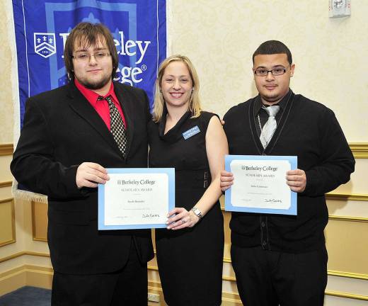 West Milford student gets Berkeley College scholarship Pictured here are, from left, Scott Brinster of West Milford, Christine D’Elia, Berkeley College director of High School Admissions, Woodland Park location, and Julio Cabarcas of Haledon. The students received scholarships to attend Berkeley College.