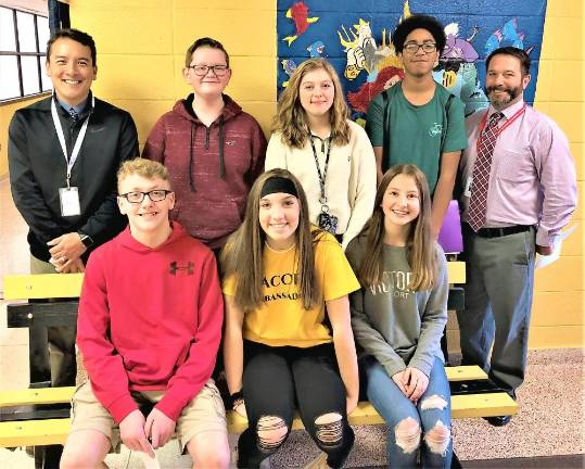 Back row: Asst. Principal Oliver Pruksarnukul Richard Durgin Charlotte Storch, Emilio McDonald and Principal Marc Citro Principal. Front row: Tyler Santangelo, Mackenzie Guerrieri, and Hanna Szyller.