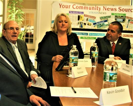 GOP slates, lone Democrat, face off in June 4 primary West Milford mayoral candidates, Democrat Robert Nicholson, incumbent Republican Mayor Michele Dale and Republican challenger, Township Councilman Lou Signorino, take part in a candidate's forum sponsored by the Messenger on May 22. Charles Kim photo