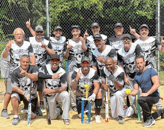 Men’s 40+ Softball League champs The Raiders defeated M&B Auto, 16-13, on Sunday, July 28 to sweep the best-of-three series and take home their third consecutive championship in the West Milford Men’s 40+ Softball League. In front row, from left, are Bud Mann, Eric Bezares, Sean Aronsen, Mike Wilson and Eddie Justin. In middle row, from left, are Eric Mann and Bill Fuller. In back row, from left, are Ron Sudol, Harold Knebel, Paul Tamburro, John Bursa, Chris Daly, Matt Carter and Doug Falone. Not pictured are Tom Trapasso and Joe Nevin. (Photo provided)