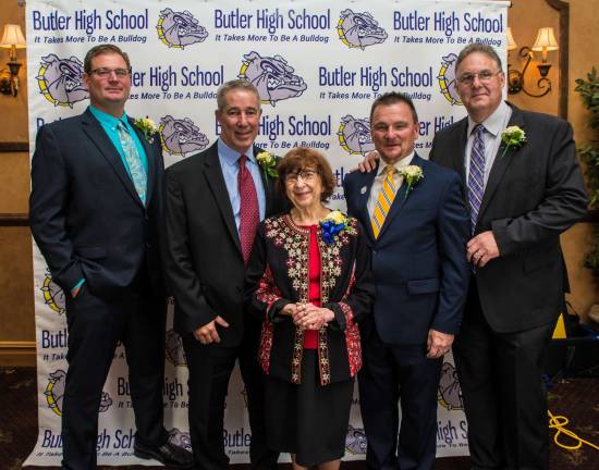 TODD BARISO photo From left are Christopher Finelli (class of 1991), Mike Fitzpatrick (class of 1978), Ann Genader (class of 1950), Mark Mickens (class of 1981) and Stephen Mulligan (class of 1975).