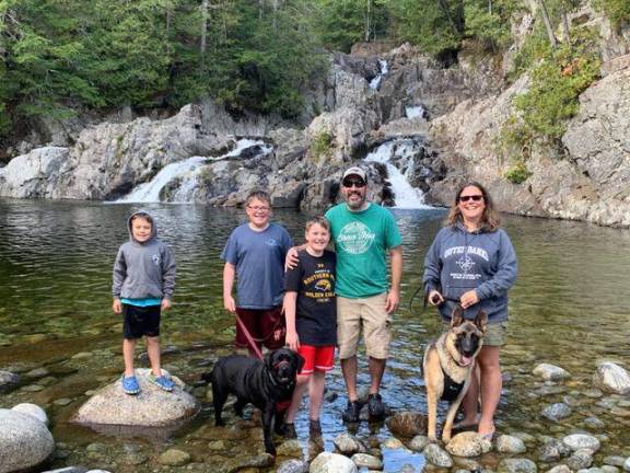 Maximilian, Nico, Eddie the Lab, Sam, Matt, Thatcher the German Shepherd, and Ryan Carlozzi at Split Rock Falls in Elizabethtown, N.Y.