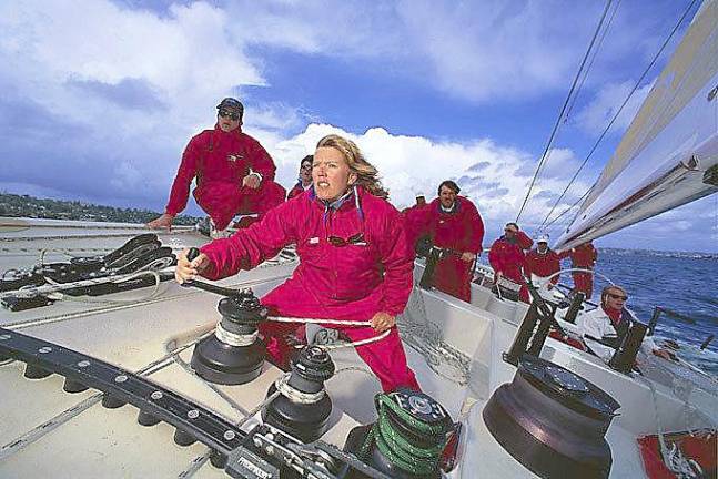 Captain Dawn Riley and crew in action during a race. Courtesy Dawn Riley.