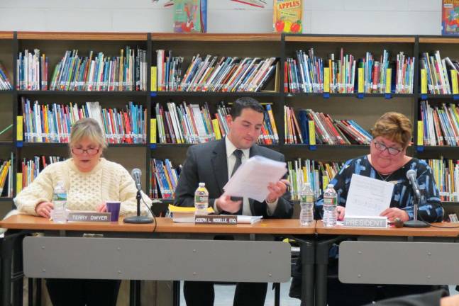 School trustees sworn in; board president appointed Teresa Dwyer, left, was reappointed as vice president of the school board, while newly elected Lynda Van Dyk, at right, was appointed as its president.