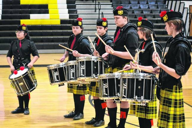 The Pipes and Drums of the Highlander Marching Band perform during the USBands 2024 Indoor Percussion kickoff event Saturday, Feb. 17 at West Milford High School.