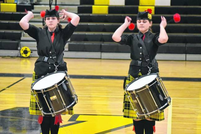 The Pipes and Drums of the Highlander Marching Band perform during the USBands 2024 Indoor Percussion kickoff event Saturday, Feb. 17 at West Milford High School.
