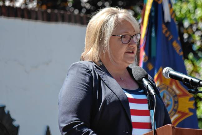Full schedule for full-time mayor Mayor Michele Dale speaks at the Memorial Day ceremony Monday, May 26 at Veterans Memorial Park. (Photos by Rich Adamonis)