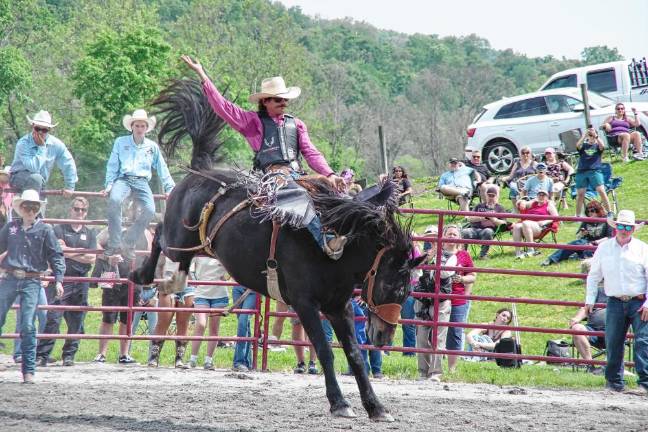 Rodeo is Saturday at Green Valley Farms A rodeo competitor holds on tight during the saddle bronc riding contest.