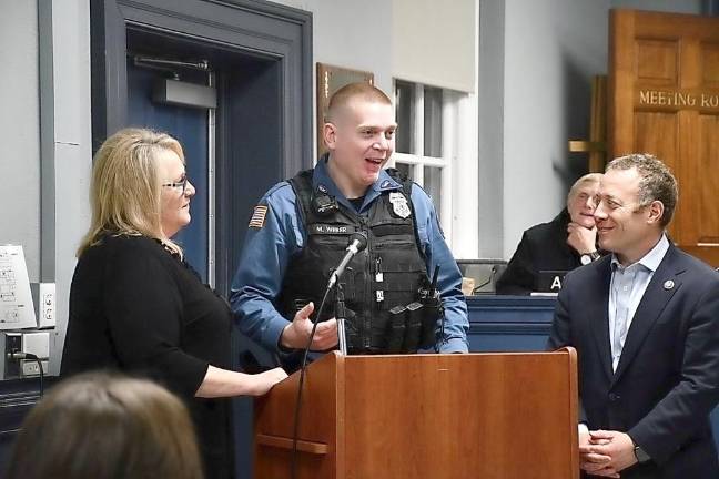 From left are West Milford Mayor Michele Dale, township Police Officer Michael Weber and Rep. Josh Gottheimer, D-5.