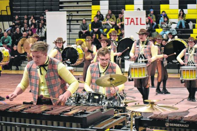 Members of West Milford Percussion perform ‘Outlaw’ before more than 300 spectators at the USBands first competition of the 2024 season held Saturday, Feb. 17 at West Milford High School. (Photo by Rich Adamonis)
