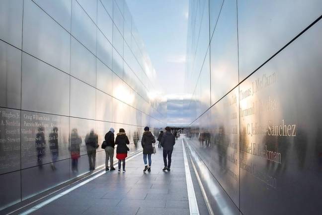 Empty Sky is the official New Jersey September 11 memorial to the state's victims of the September 11 attacks on the United States. It is located in Liberty State Park in Jersey City at the mouth of Hudson River across from the World Trade Center site. 2017 photo by Robert G. Breese.