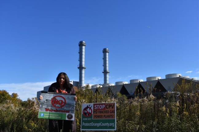 Big-box country Pramilla Malick of Protect Orange County outside the CPV Valley Energy Center in Wawayanda, N.Y., across the street from a proposed warehouse, in October. ‘We’re on an irreversible trajectory if we don’t stop these projects.’