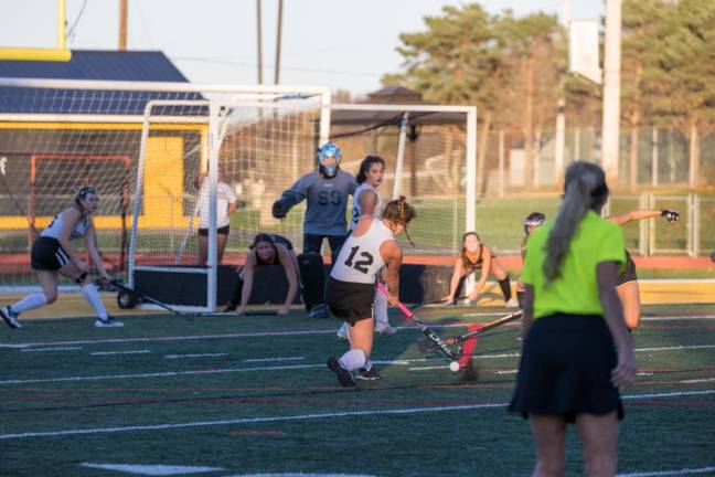 West Milford’s Avery Vacca takes a shot on goal.