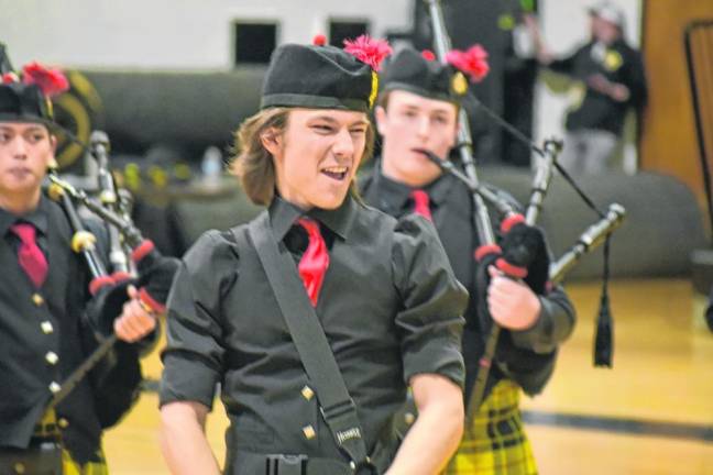 The Pipes and Drums of the Highlander Marching Band perform during the USBands 2024 Indoor Percussion kickoff event Saturday, Feb. 17 at West Milford High School.