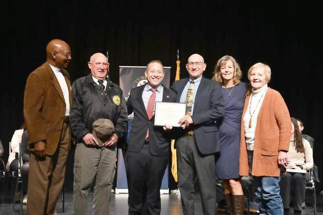 Rep. Josh Gottheimer poses with Harry Shortway of Vernon and members of his family.