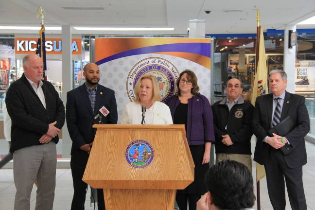 At a press conference in March at Willowbrook Mall, are, from left, Passaic County Freeholders Terry Duffy of West Milford, TJ Best, and Director Sandi Lazzara, Bergen County Freeholder Chairwoman Tracy Zur, Passaic County Freeholder Pat Lepore, and Bergen County Executive Jim Tedesco announcing the shared service agreement between the two counties for the Division of Consumer Affairs.