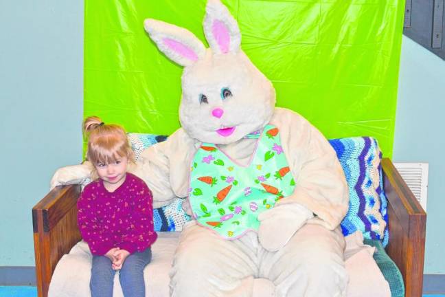 Eleanor Proefeta poses with the Easter Bunny at Hampton Township Fire &amp; Rescue’s pancake breakfast Sunday, March 10. (Photo by Maria Kovic)