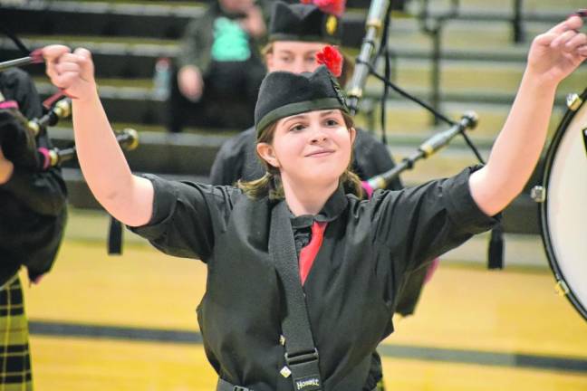 The Pipes and Drums of the Highlander Marching Band perform during the USBands 2024 Indoor Percussion kickoff event Saturday, Feb. 17 at West Milford High School.