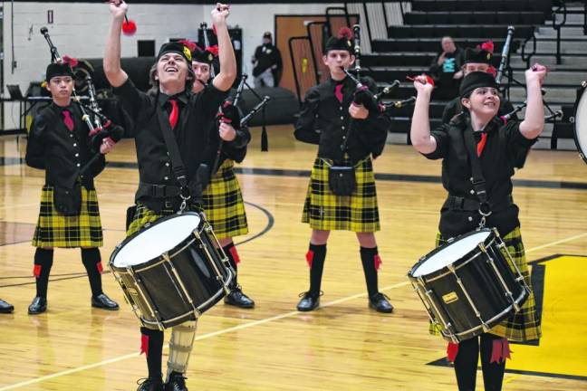 The Pipes and Drums of the Highlander Marching Band perform during the USBands 2024 Indoor Percussion kickoff event Saturday, Feb. 17 at West Milford High School. (Photo by Rich Adamonis)