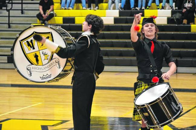 The Pipes and Drums of the Highlander Marching Band perform during the USBands 2024 Indoor Percussion kickoff event Saturday, Feb. 17 at West Milford High School.