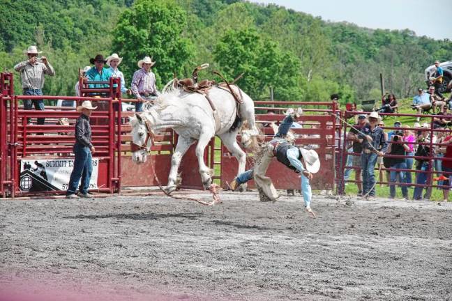 Rodeo is Saturday at Green Valley Farms A rider is thrown from a horse during the saddle bronc riding contest.