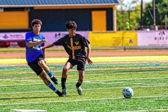 Sports roundup: Highlanders aim to build on success Senior Diego Sanchez pushes a Hawthorne defender away from the ball during a scrimmage Friday, Aug. 29 at West Milford High School. (Photos by TJ Nolan)