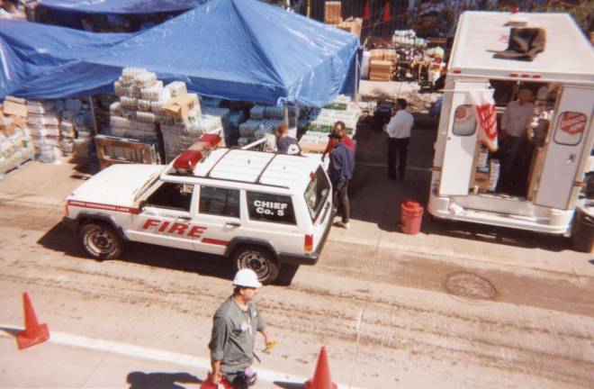 Upper Greenwood Lake Fire Chief George Schmidt's vehicle is parked next to supplies at Ground Zero. photo provided by john monteleone