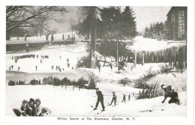 Chester had two ski resorts in its recent past: Craigmere and Glenmere. Glenmere hosted, during its resort heyday, a ski hill and rope tow on its steep, majestic front lawn overlooking Glenmere Lake, where the resort offered skating parties and lessons on its Adirondack-esque reservoir. The Glenmere Ski Hill enjoyed it’s prime during the 1940s and ‘50s, when it served as a private, upscale resort. Driving along the old Sugar Loaf-Florida Road, winter sports revelers could be seen on both sides, either skating or skiing.