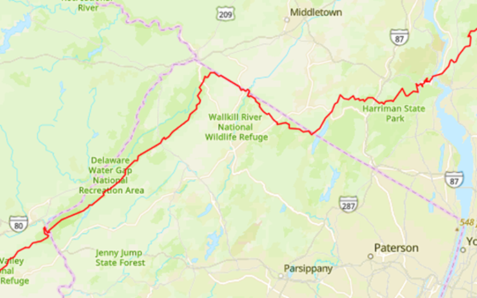 Budget cuts could hurt Appalachian Trail <b>The Appalachian Trail passes through the Delaware Water Gap from Pennsylvania, runs atop the Kittatinny Ridge in New Jersey and hugs the New York border before turning northeast and crossing the Hudson River at Bear Mountain State Park. (Source: arcgis.com) </b>