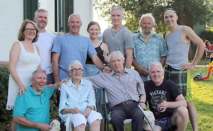 The Filipowski family celebrating Tinie Filipowski’s 90th birthday last year: Standing from left to right are: Jen (Filipowski) Memmelaar, Matt Filipowski, Brian Filipowski, Mary Anne (Filipowski) Sander, Mark Filipowski, Roger Filipowski and Marty Filipowski; and sitting are: Peter Filipowski, Tinie Filipowski, Adam Filipowski and Dave Filipowski.